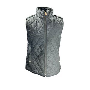 Talbots Womens Quilted Puffer Vest S Black Faux Leather Trim Polyester